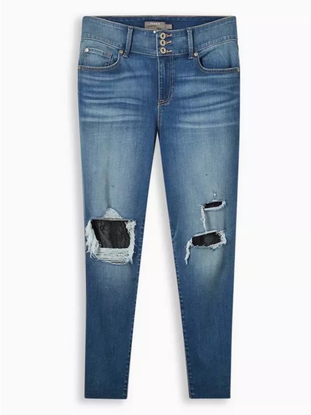 Torrid Jegging Skinny Super Soft High-Rise Destructed lace blue Jeans sz 14r